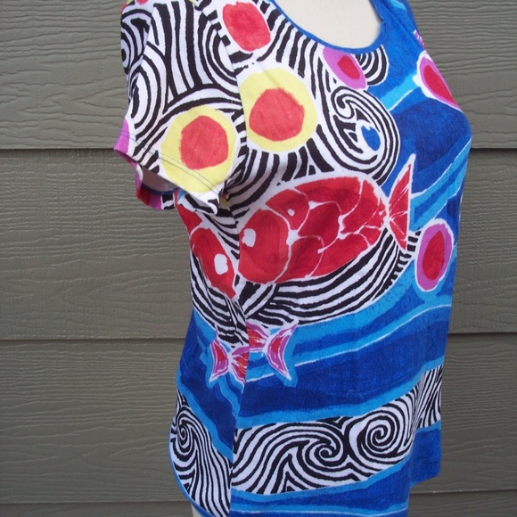 Chicos Top Sz S 0  Fish Sea Ocean Cap Sleeve Tee - Picture 3 of 7